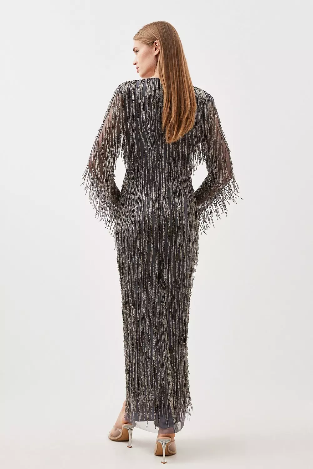 Embellished Fringe Plunge Neck Maxi Dress Karen Millen